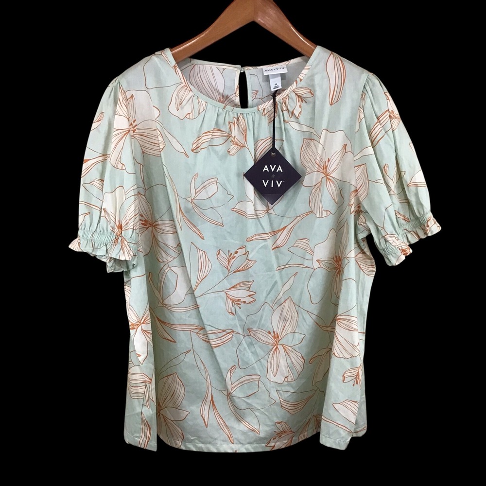 Ava & Viv Womens 1X Sage Green Floral Cotton Puff Sleeve Peasant Blouse NWT